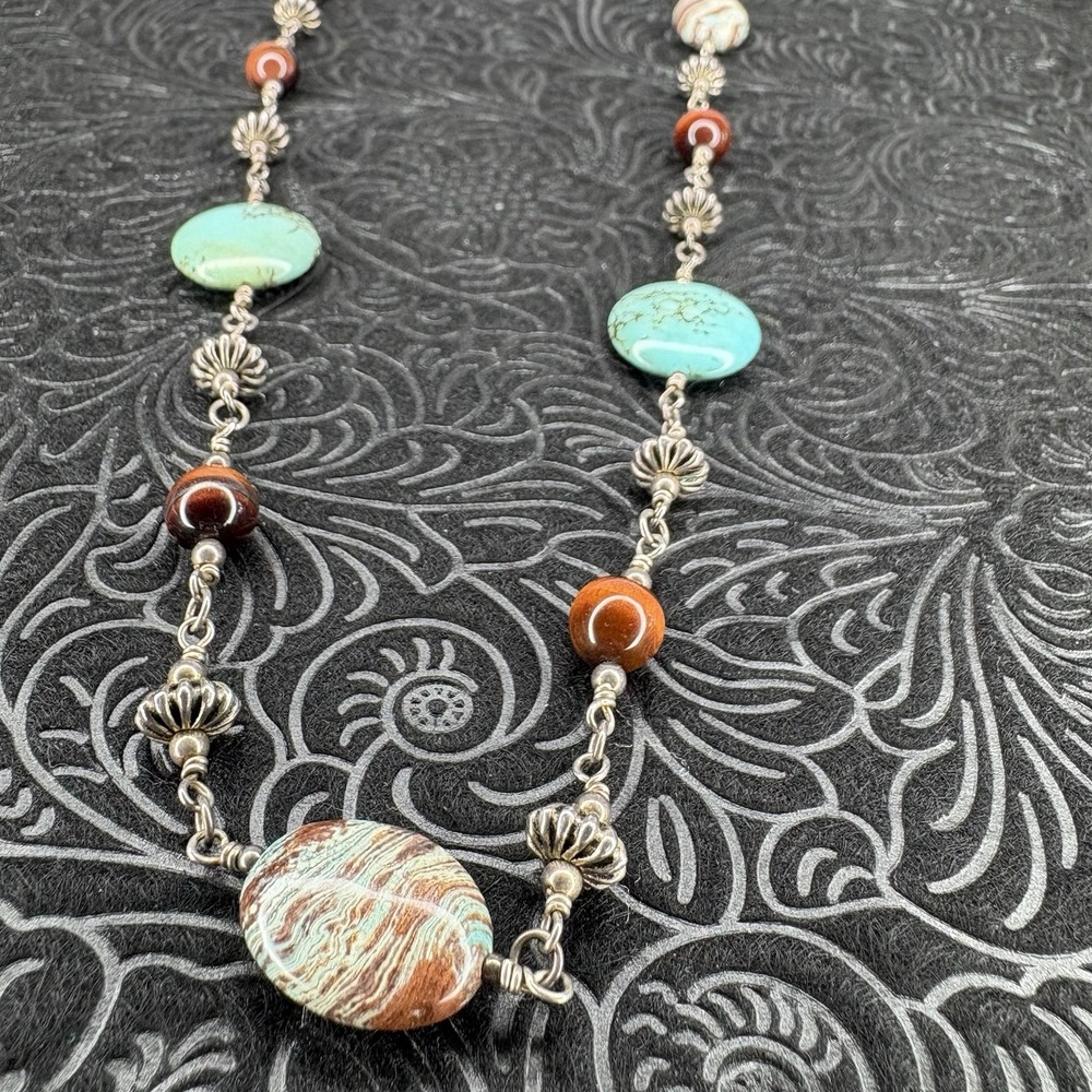 Sterling Silver Stamped 925 Toggle Closure Stone & Silver Bead 17" Necklace VTG
